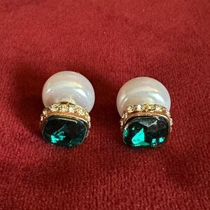 Pearl and Emerald Crystal Double-Sided Stud Earrings - Gold Tone